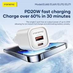   FONENG EU70 100-240V/5V 3A USB-A/USB-C adapter + USB-C kábel