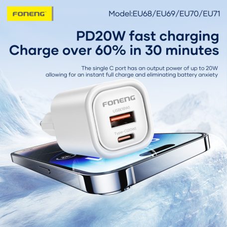 FONENG EU70 100-240V/5V 3A USB-A/USB-C adapter + USB-C kábel