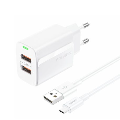 FONENG EU63/M 110-240/5V 2.4A 2xUSB-A fehér adapter + USB-C kábel