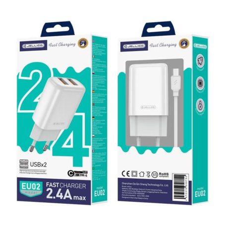 JELLICO EU02 110-240/5V 2.4A 12W 2x USB-A adapter + USB-C kábel