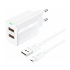 FONENG EU63/K 110-240/5V 2.4A 2xUSB-A fehér adapter + Mikro-USB kábel