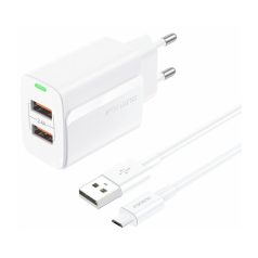   FONENG EU63/K 110-240/5V 2.4A 2xUSB-A fehér adapter + Mikro-USB kábel