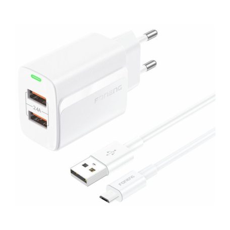 FONENG EU63/K 110-240/5V 2.4A 2xUSB-A fehér adapter + Mikro-USB kábel