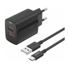FONENG EU63/C 110-240/5V 2.4A 2xUSB-A fekete adapter + USB-C kábel