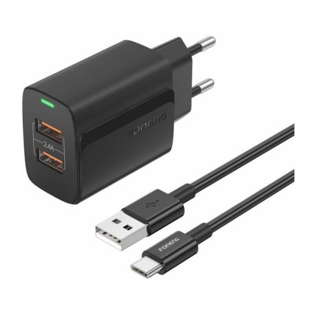 FONENG EU63/C 110-240/5V 2.4A 2xUSB-A fekete adapter + USB-C kábel