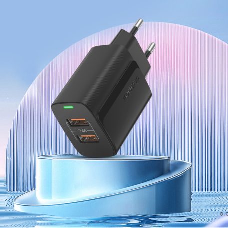 FONENG EU63/C 110-240/5V 2.4A 2xUSB-A fekete adapter + USB-C kábel